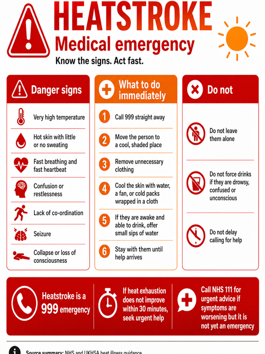 Heatstroke - medical emergency - NHS guidance on signs and what to do immediately