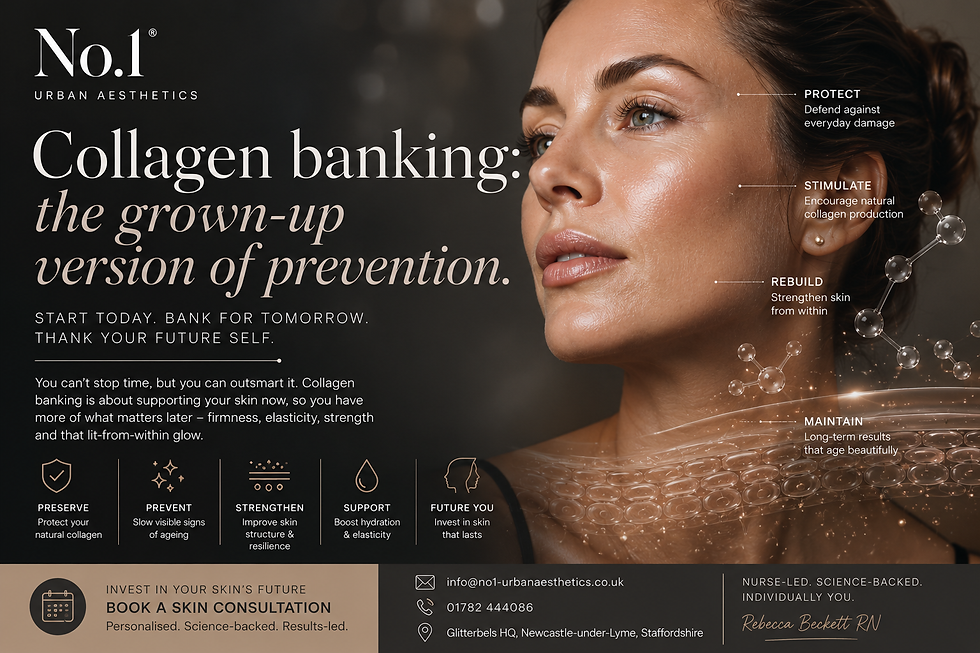 Woman in skincare ad with collagen banking text and molecule graphics on dark background, promoting skin protection and renewal