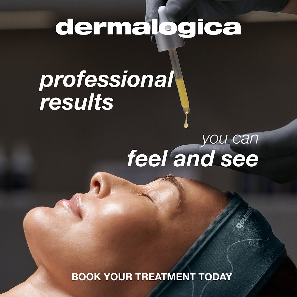 A woman reclines in a spa setting. A gloved hand holds a dropper above her face. Text: dermalogica, professional results you can feel and see.