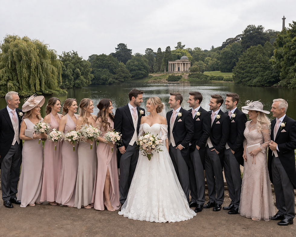 Wedding party by a lake, bride and groom smiling at each other. Bridesmaids in pink, groomsmen in suits. Lush greenery and temple in background.