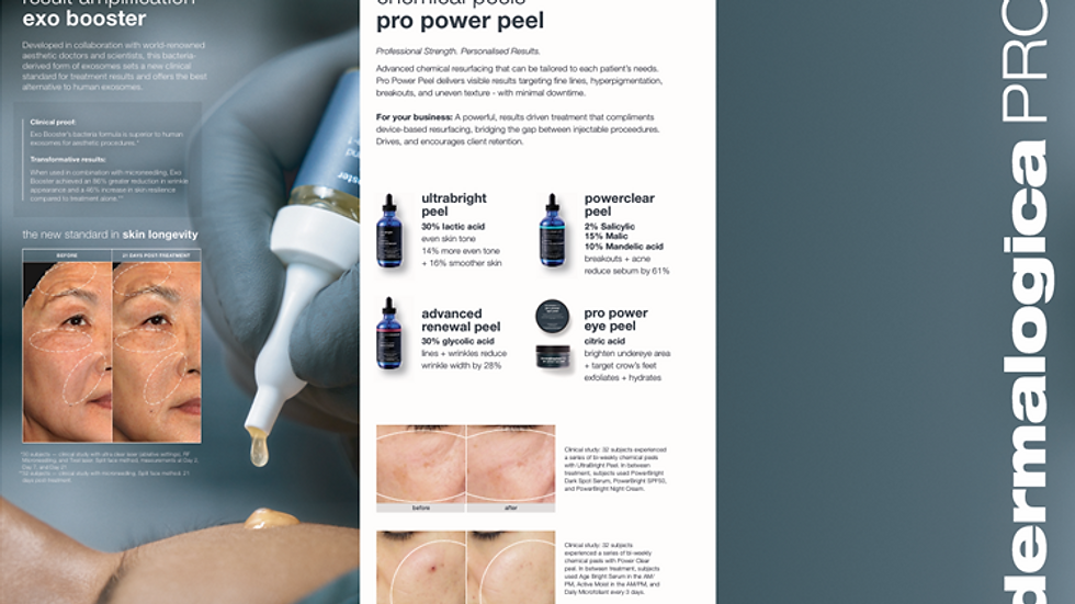 Dermalogica ad featuring chemical peel products. Images show skin before and after treatment. Text describes benefits and ingredients.