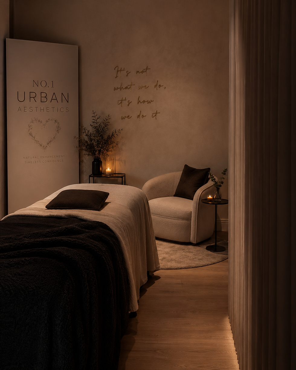 Cozy spa room with massage table, chair, candles, and plants. Text on wall: "It's not what we do, it's how we do it." Mood is tranquil.