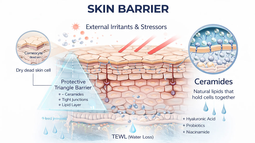 Diagram of the skin barrier showing layers, external irritants, ceramides, and water loss. Includes text: "Free skin consultations available."