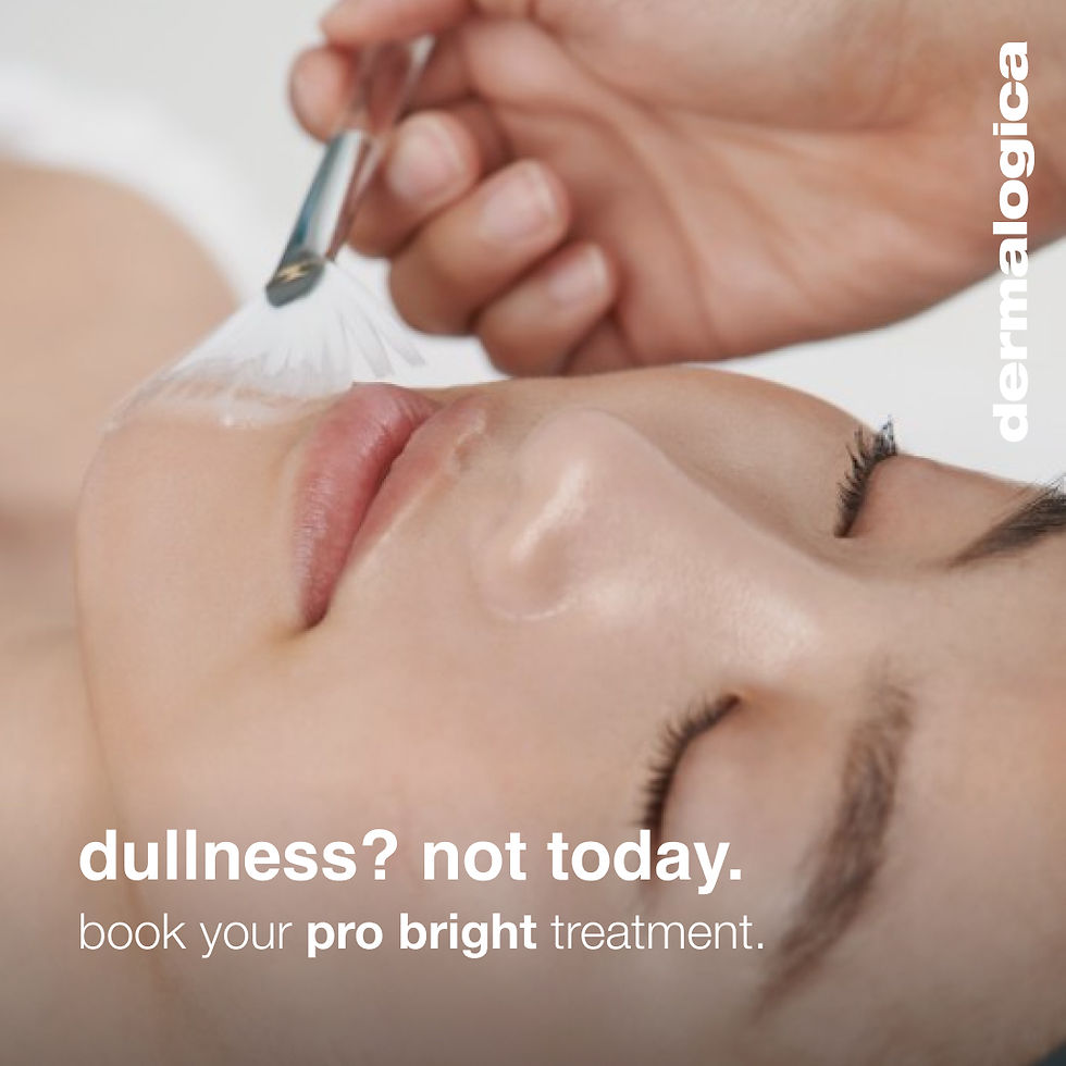 Person receiving facial treatment with a brush. Text: "dullness? not today. book your pro bright treatment." Mood is relaxing.