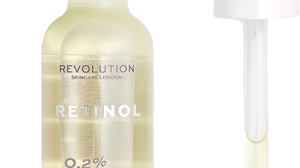 Transparent bottle of Revolution Skincare Retinol 0.2% Serum with a white dropper. Minimalist design, clear liquid inside.