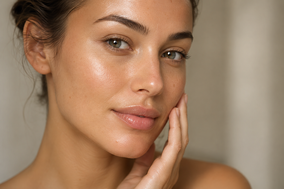 Close-up of a woman with glowing skin, gently touching her face. Neutral background, serene expression, natural tones.