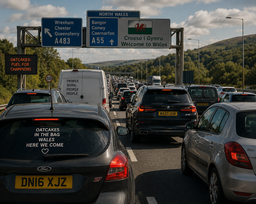 image of traffic jam heading towards wales, road signs point to various towns