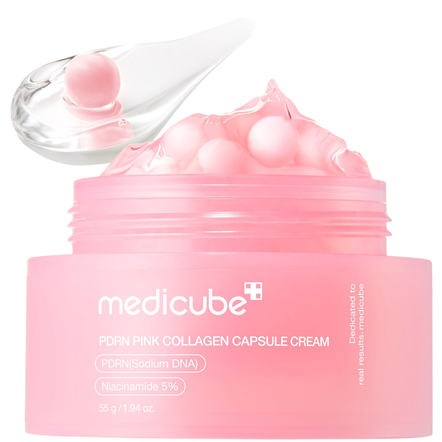 Pink Medicube PDRN Collagen Capsule Cream jar with pink gel and spoon, labeled Niacinamide 5% and 55 g, on black background.