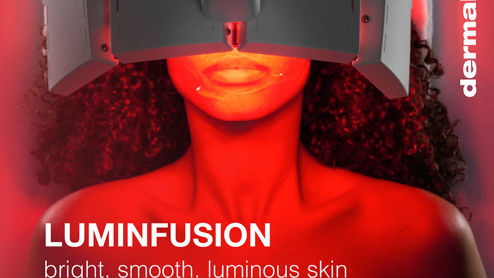 A woman under a gray LED light device, glowing red. Text: Luminfusion, bright. smooth. luminous skin. Branding: Dermalogica.