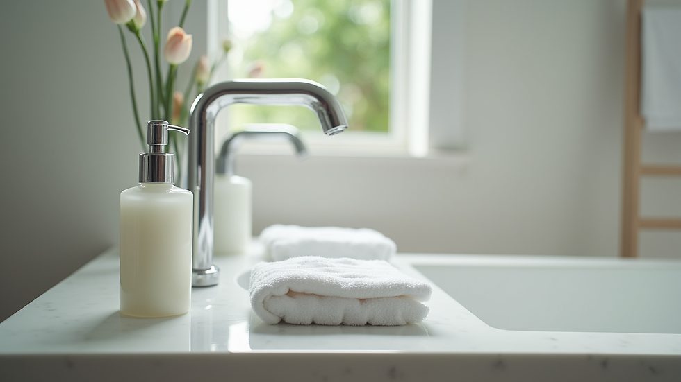 Eye-level view of a bathroom sink with a bottle of cleansing gel and a soft towel