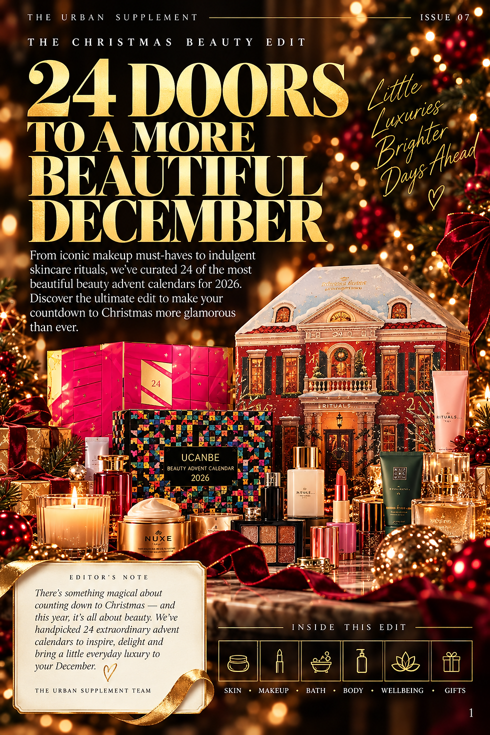 Holiday beauty magazine cover titled 24 Doors to a More Beautiful December, showing advent calendars and makeup in gold-red decor.