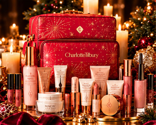 Charlotte Tilbury red holiday makeup bag with assorted cosmetics and candles, glowing festive display.