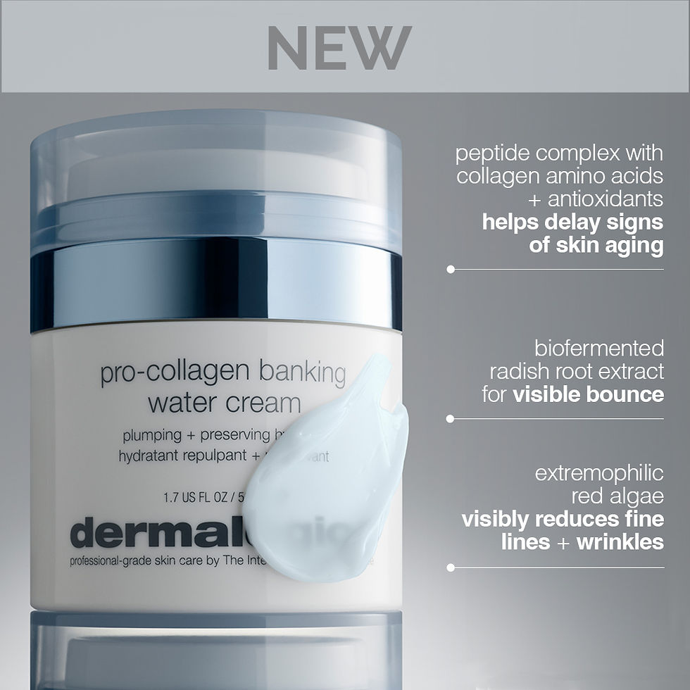 Cream jar labeled "pro-collagen banking water cream" with blue cap. Text highlights anti-aging benefits, visible bounce, and wrinkle reduction.