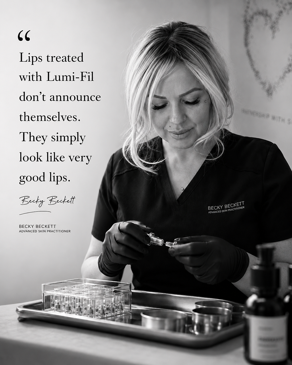 A woman in scrubs and gloves holds a syringe in a clinic. Text reads: "Lips treated with Lumi-Fil...They simply look like very good lips."