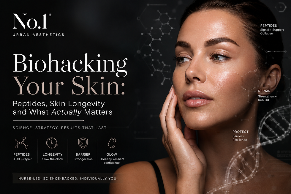 Close-up of woman with glowing skin beside skincare ad text on peptides, longevity, repair, protect, and DNA graphics on dark background