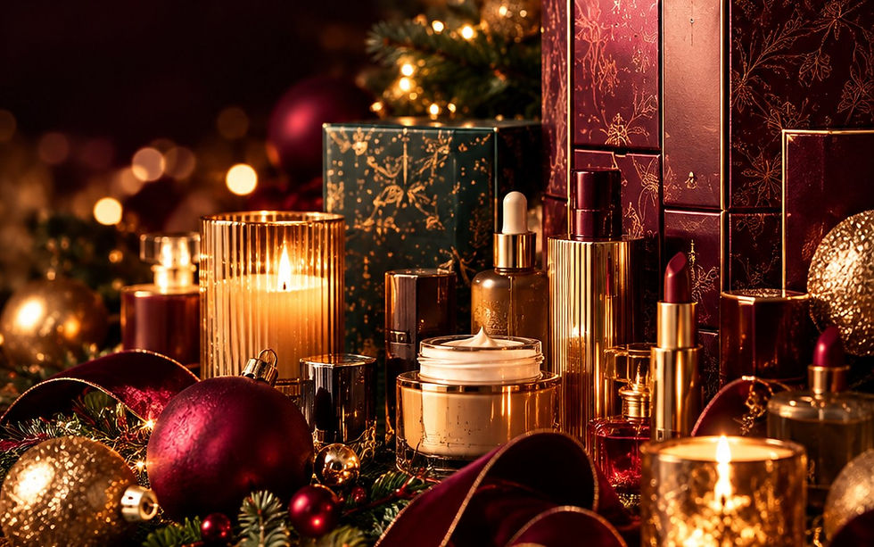 Festive beauty still life with golden candlelight, burgundy ribbon and Christmas decorations; editorial illustration, not an individual advent calendar listing