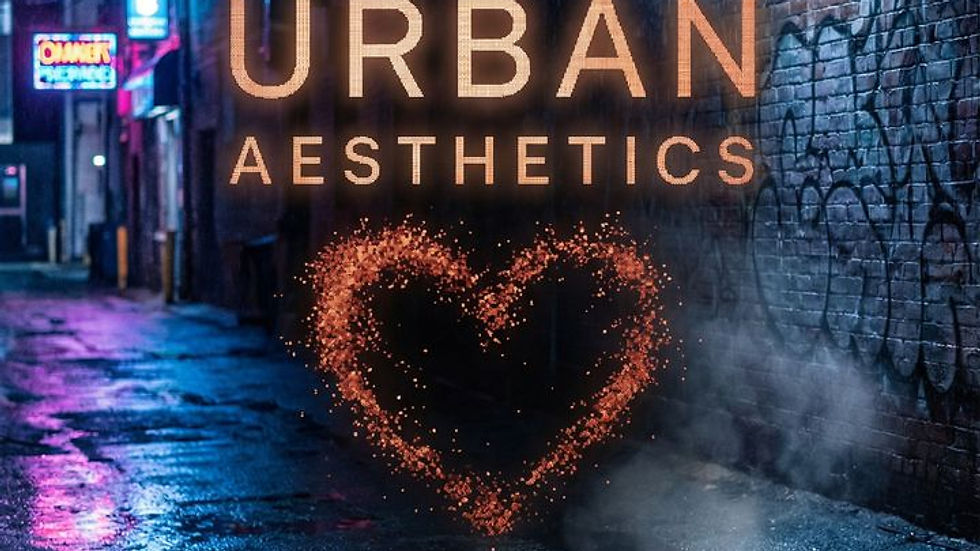 Wet alley lit by neon signs and a streetlamp, with "NO.1 URBAN AESTHETICS" text. Heart shape in sparks, mist, and graffiti on bricks.