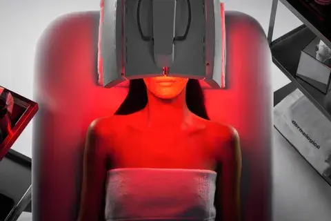Person lying under a red light therapy device, wrapped in a white towel. The setting is clinical, with shelves nearby and a calm atmosphere.