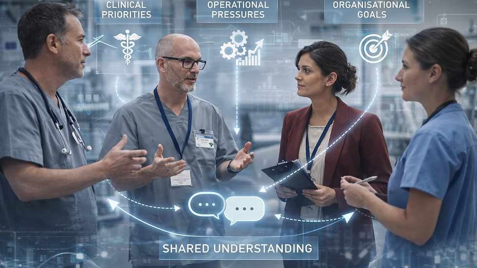 Healthcare professionals discuss clinical priorities, operational pressures, and organizational goals in a modern setting. Mood: collaborative.