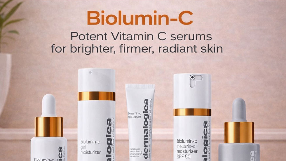 Dermalogica products on a shelf. Text: "We Are An Authorised Dermalogica Stockist. Biolumin-C. Potent Vitamin C serums for brighter skin."