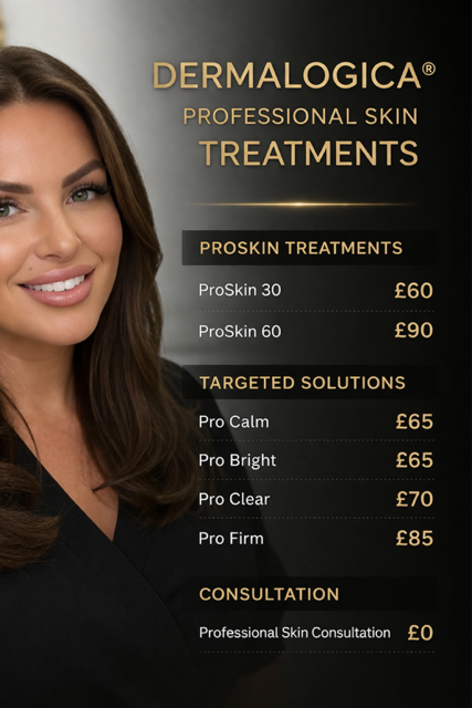 Woman smiling beside a list of Dermalogica skin treatments with prices. Black background, gold text details services, creating an elegant mood.