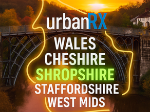 Sunset over an arched bridge with text listing UK regions: Wales, Cheshire, Shropshire, Staffordshire, West Mids. URL at bottom.