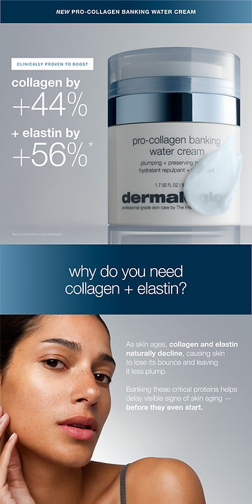 Skincare ad featuring a cream jar with text on boosting collagen and elastin. Image shows a woman with clear skin, and a blue-white color scheme.
