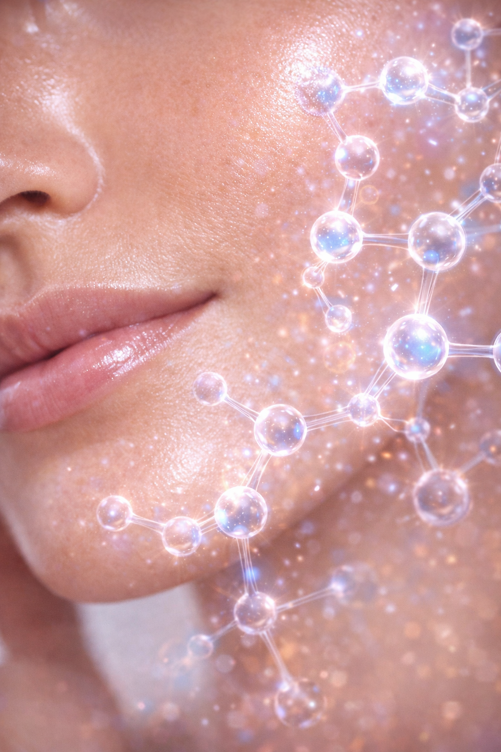 Close-up of a person's face with glowing skin, overlaid with a digital illustration of molecules, creating a futuristic and radiant mood.