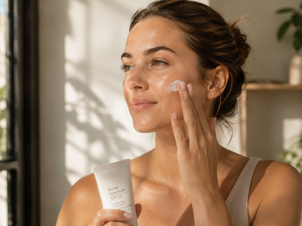 Woman in warm sunlight applies SPF cream to her cheek, holding a tube labeled Broad Spectrum SPF 50, calm skincare scene