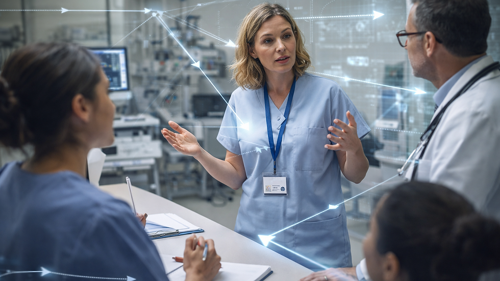 Healthcare professionals in blue scrubs and a lab coat discuss in a high-tech hospital setting. Digital graphics connect team members.