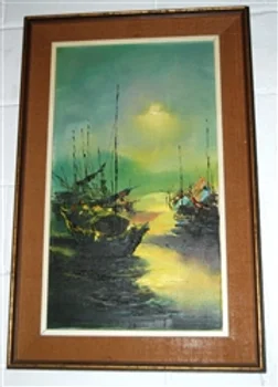 Vitnage Original Oil Painting Chinese Junk Boat Hong Kong