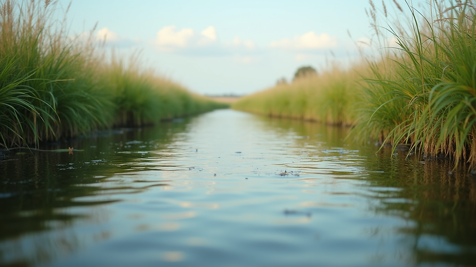 Eye-level view of a calm river in the Okavango Delta with lush green banks
