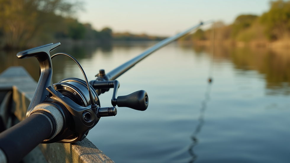 Close-up view of a fishing rod and reel beside the Okavango Delta water