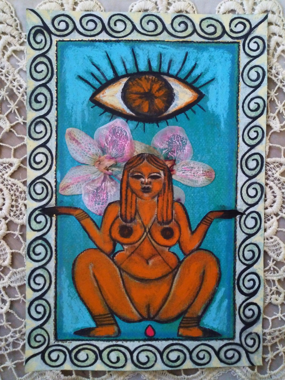 a brown woman squatting with menstrual blood in front of an orchid and large eye