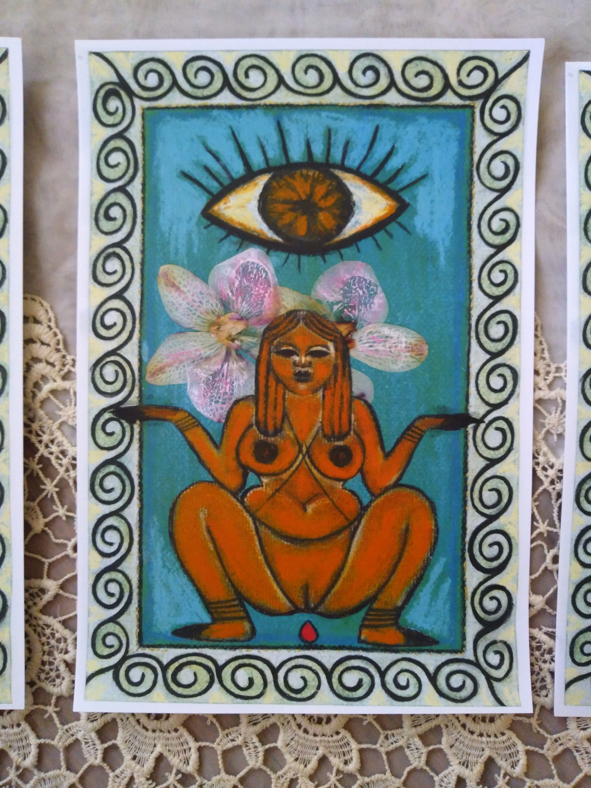 a brown woman squatting with menstrual blood in front of an orchid and large eye