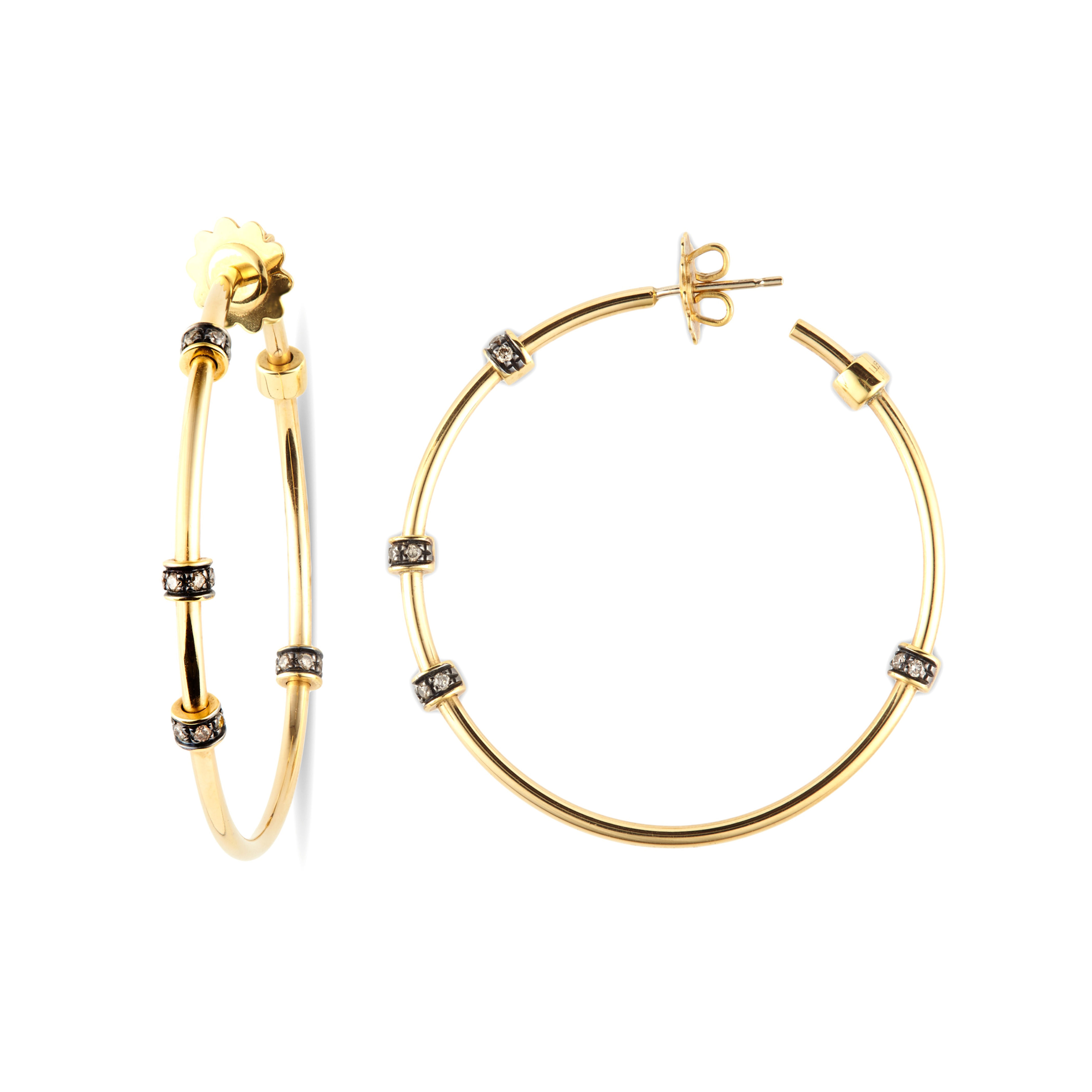 Garavelli sárga arany karika  karika fülbevaló konyak színű gyémántokkal/Yellow gold hoop earrings with cognac diamonds