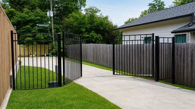 The Double black metal gate shown partially open across a driveway