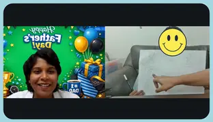 Father's Day video gallery call with woman and drawing
