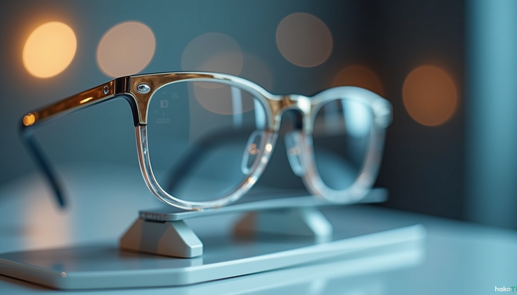 Close-up view of customized AI-manufactured eyewear frame on display stand