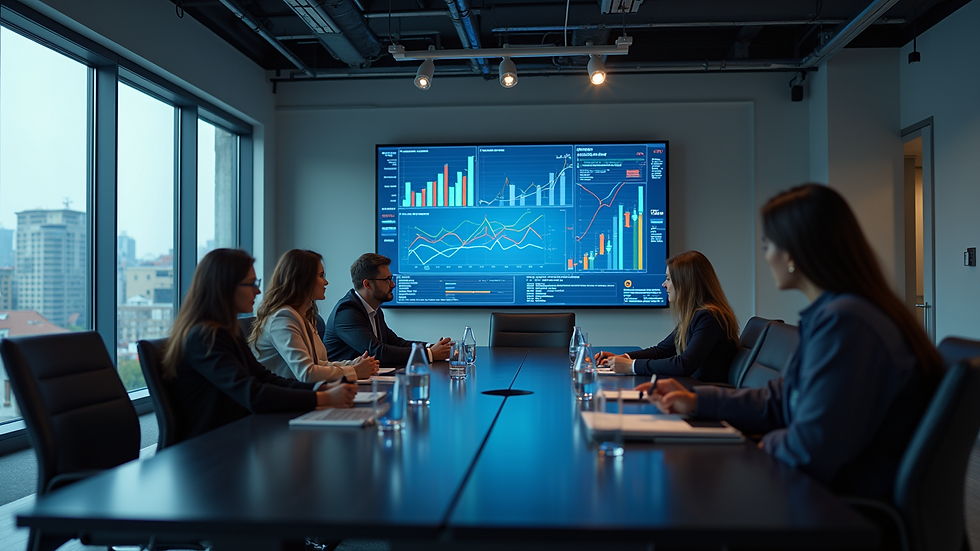 High angle view of a conference room with charts and graphs on a large screen