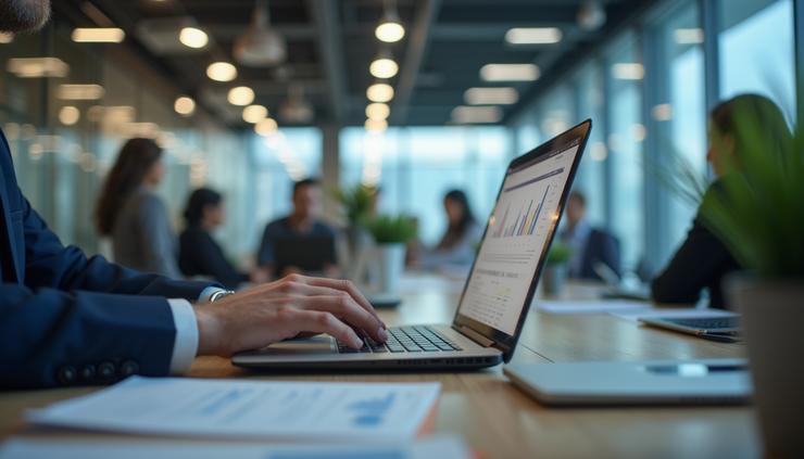 Eye-level view of a financial analyst reviewing spreadsheets on a laptop
