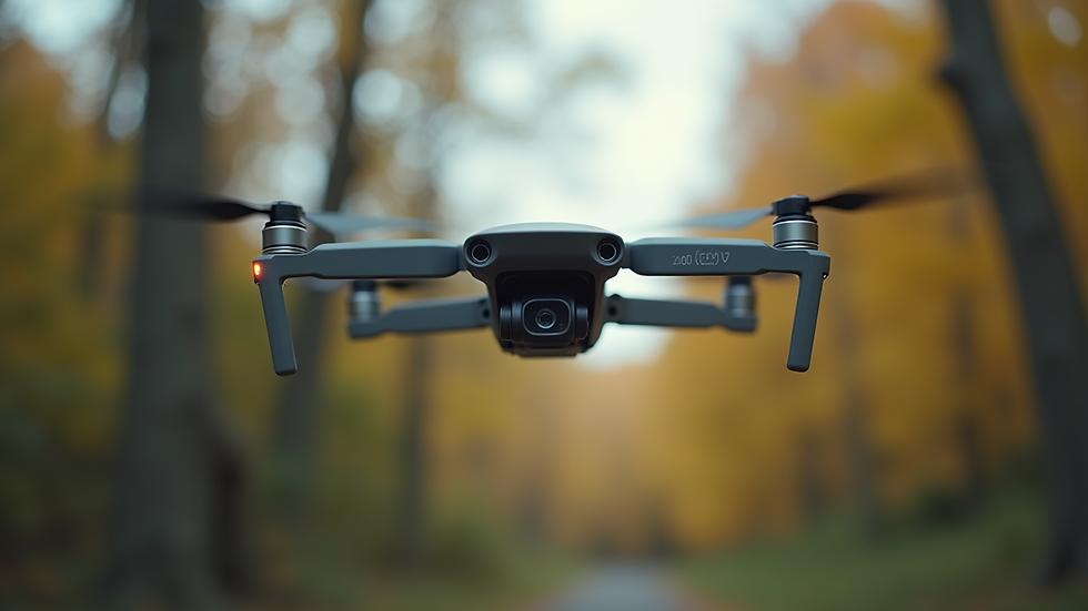 Close-up view of a drone hovering near trees with camera facing forward