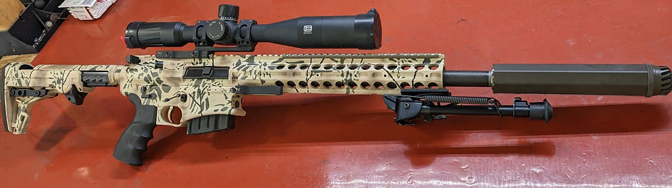 The AR-10 in .308 gives you semi-automatic handling with bolt-action deer ballistics. The 16-inch carbon fiber barrel keeps the weight competitive with a bolt gun while the OSS suppressor makes this a hearing-safe field setup.