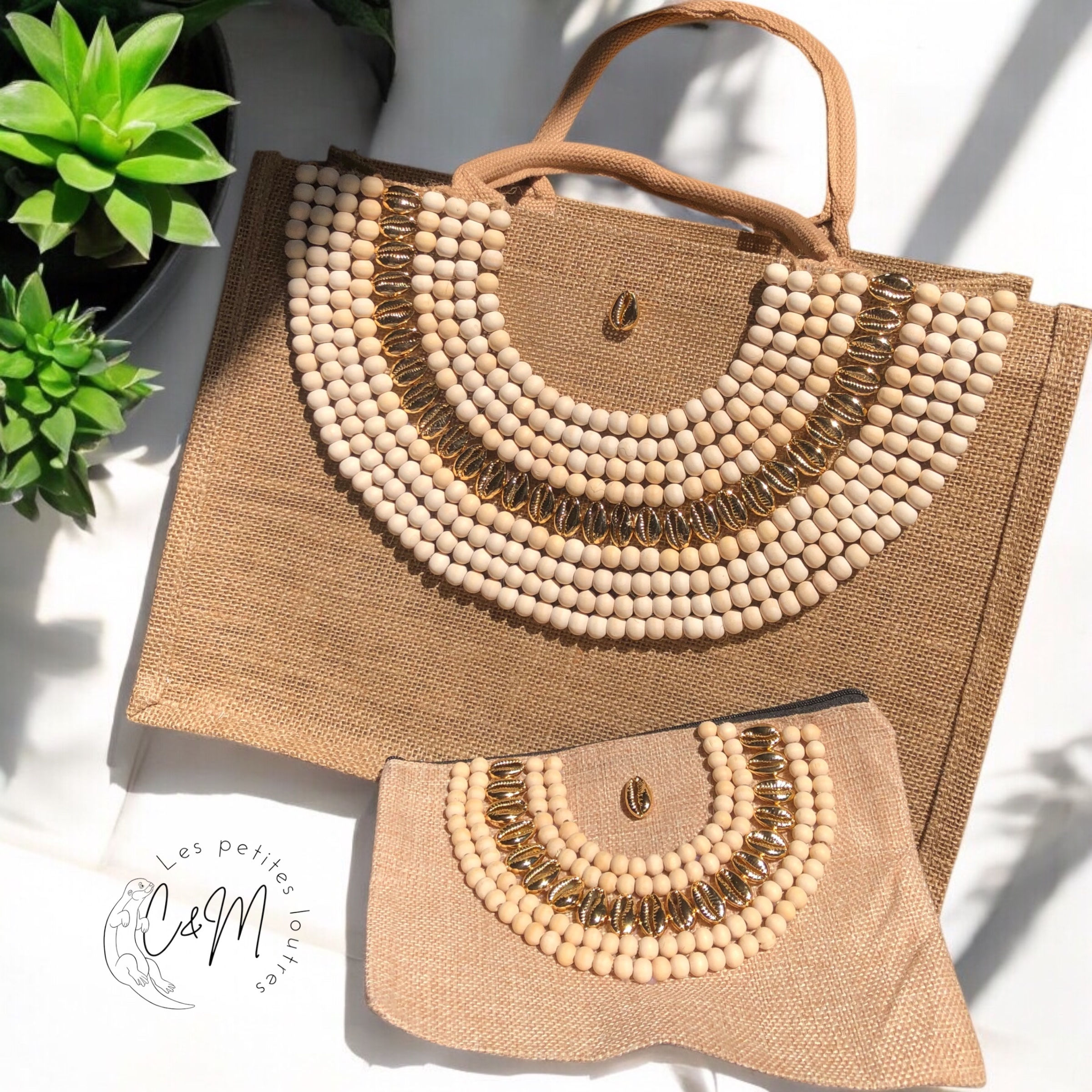 Sac cabas / pochette en jute, sac de plage, sac femme, cabas femme