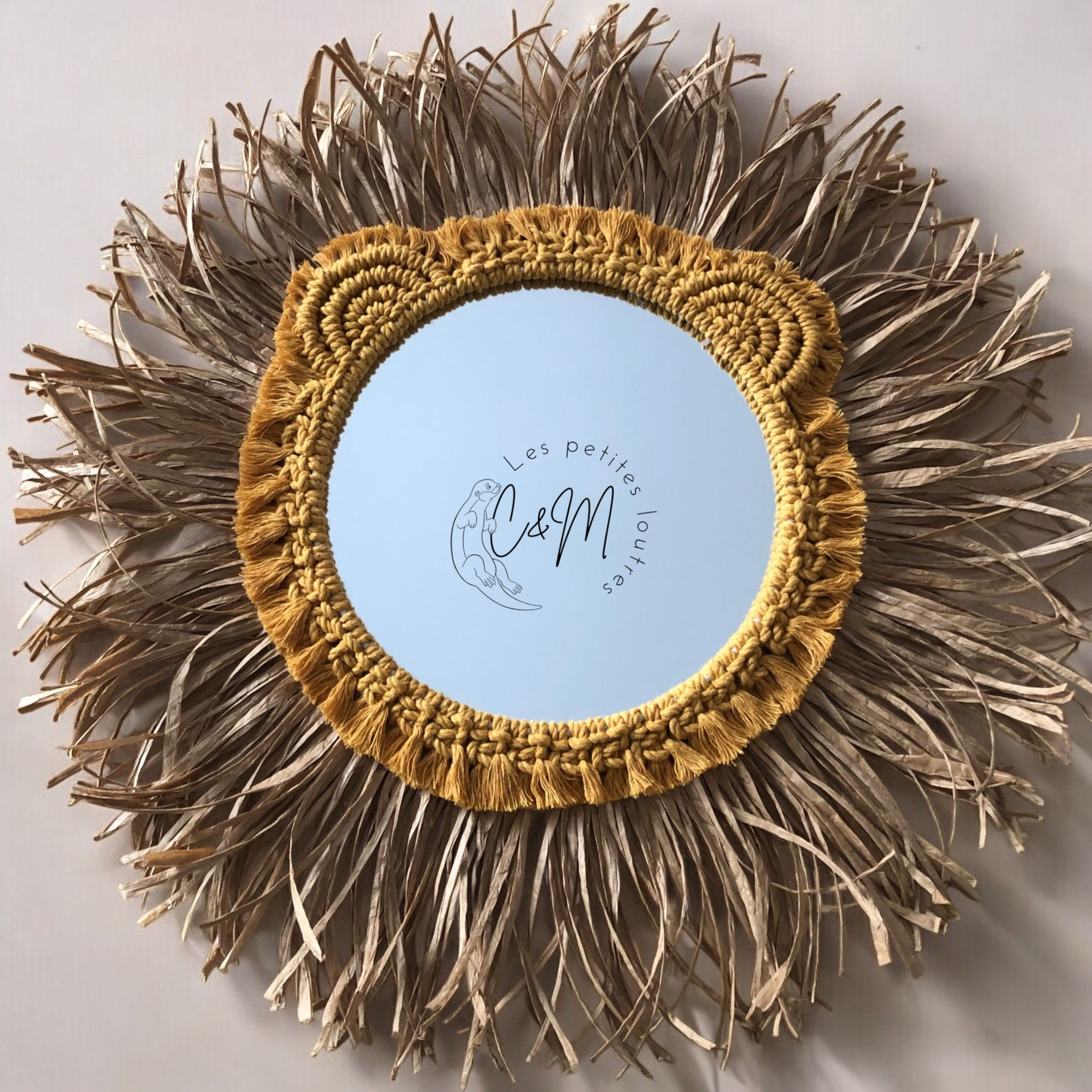 Miroir tête de lion macramé et raphia