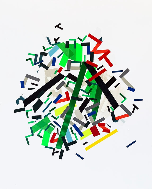 Abstract painting on paper about informal gardens with acrylic paint and color tapes by Halaburda, 2022, USA. Green, black, red and yellow colors.