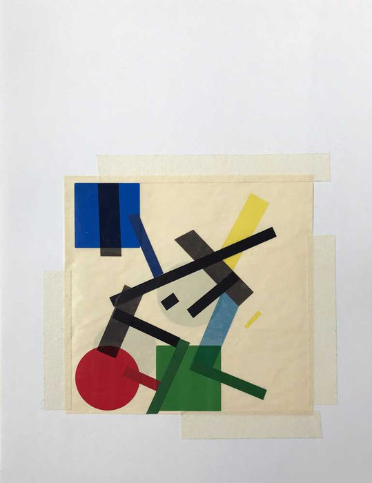 Abstract art on paper with collages and color tapes about the points and the lines in psychogeographic mapping by Philippe Halaburda, 2020, USA