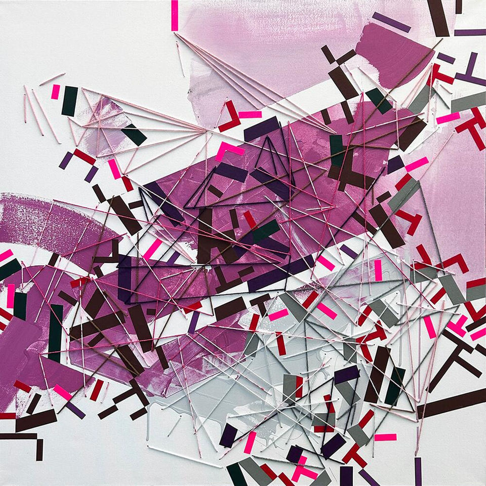 Original art on canvas with acrylic painting, color tapes and yarn about psychogeographical mapping by Philippe Halaburda, 2023, USA