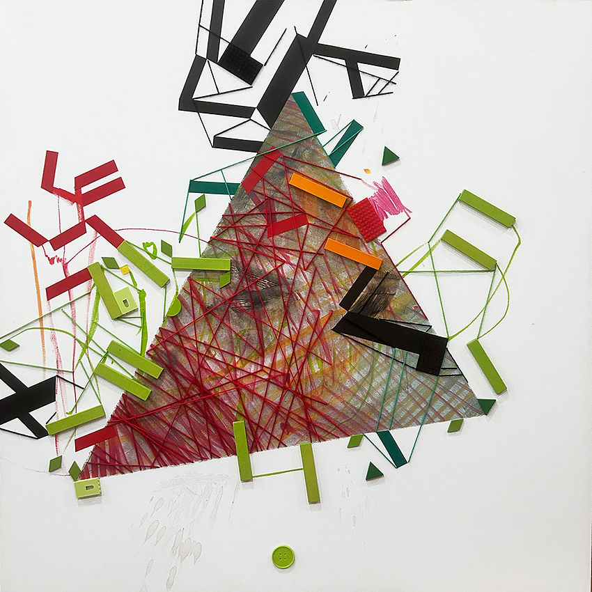 contemporary abstract painting with layered tape, yarn, and color blocks on canvas