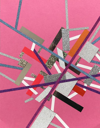Abstract art on color paper with color tapes and collages about the polymer in psychogeographic mapping by Philippe Halaburda, 2020, USA